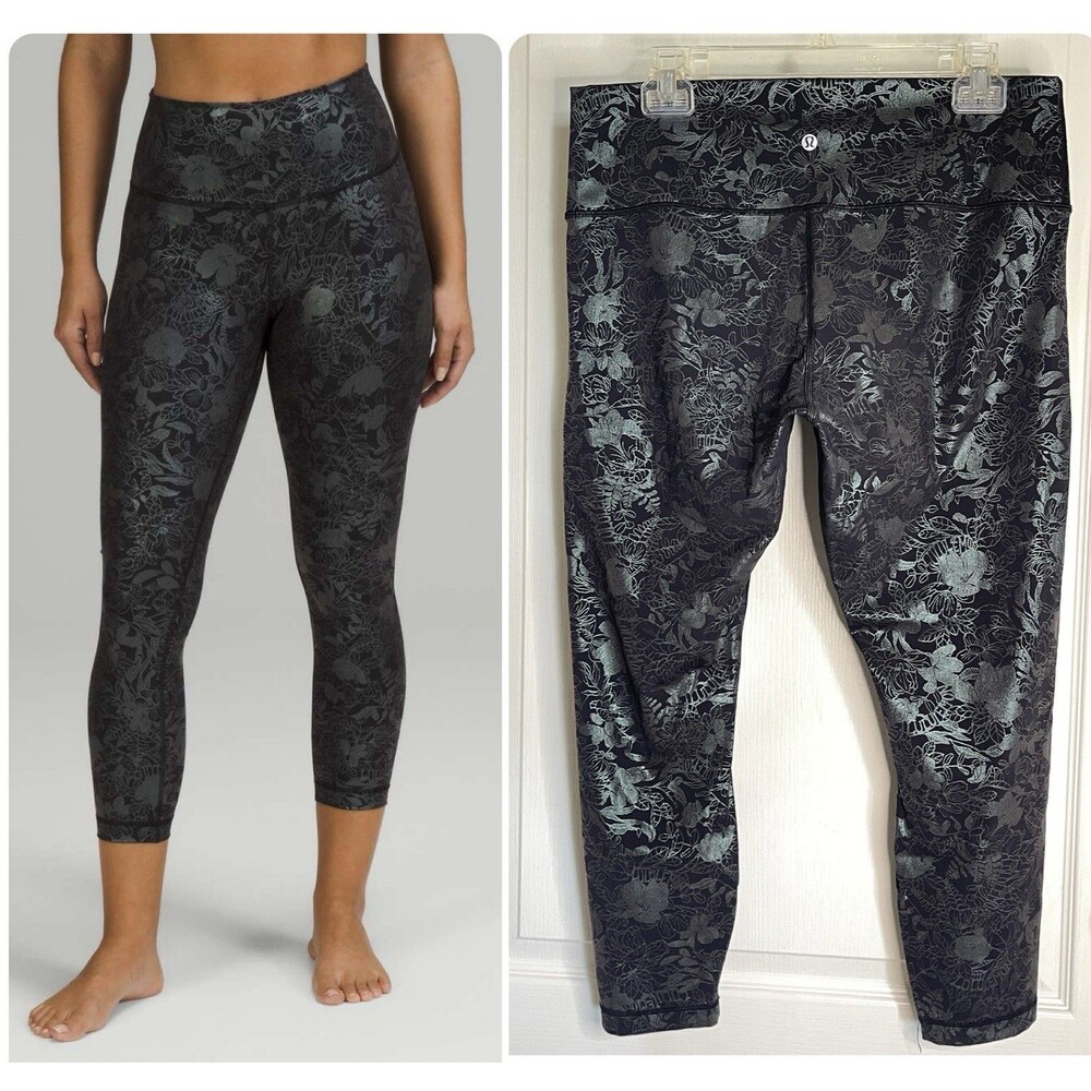 Lululemon Wunder Under High Rise Logo Black Iridescent Foil Leggings Size 14